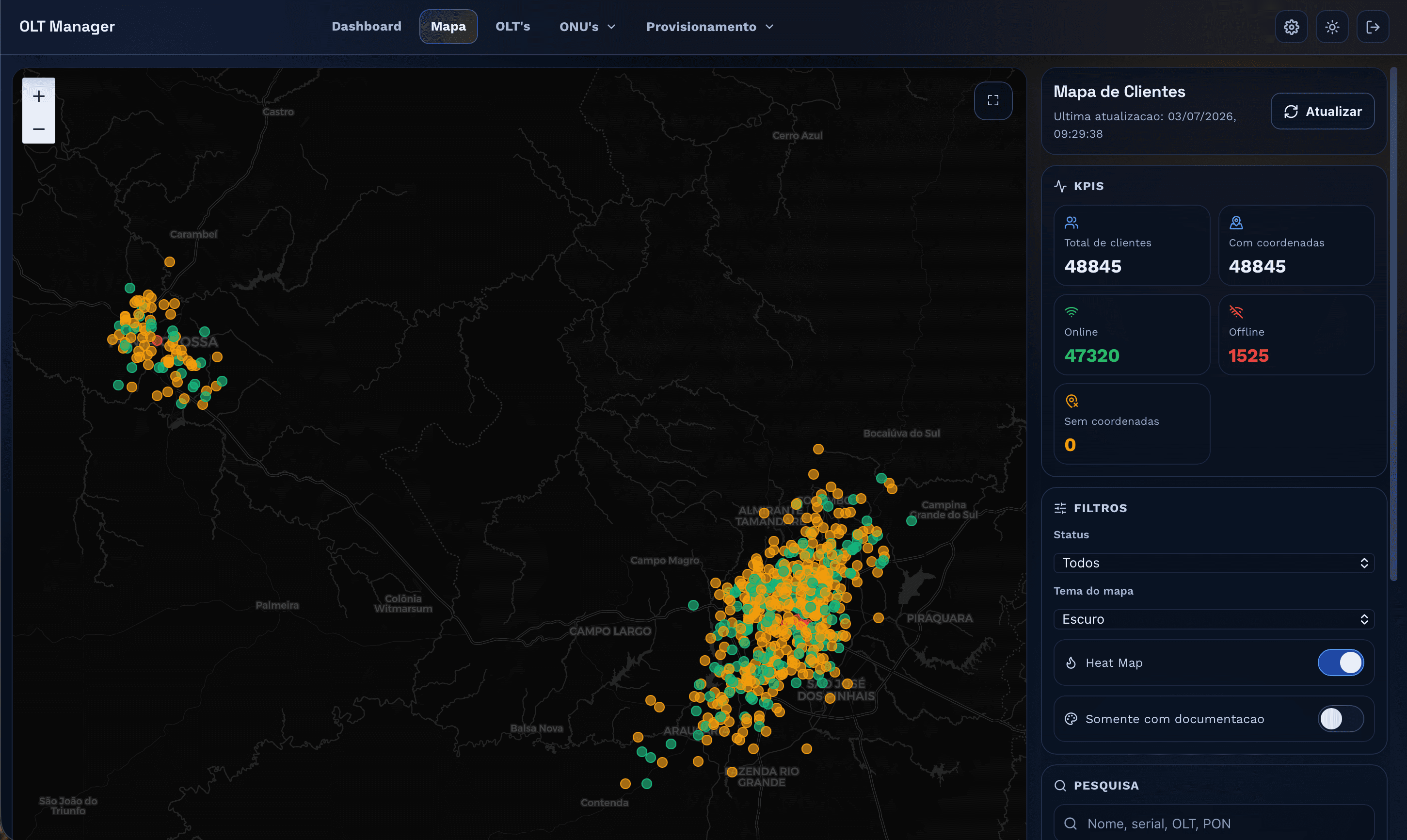 Mapa visual de clientes do OLT Manager, com marcadores coloridos por status de conexão